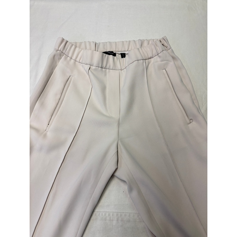 Theory Beige Wide Leg Pintuck Trousers Elastic Waist Side Zip Size 000 W24 L25 - Picture 2 of 11
